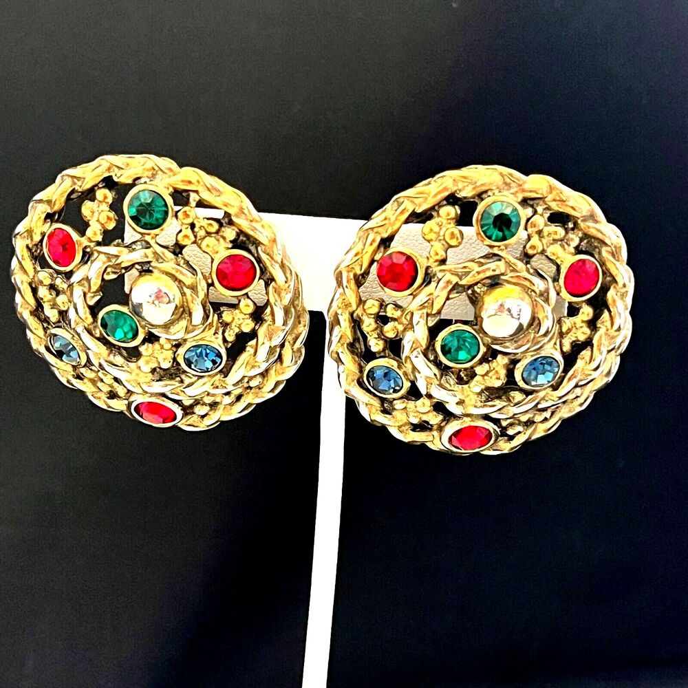 Vintage 1970s Les Bernard Gold Tone Clip Earrings Rhinestone - 1D